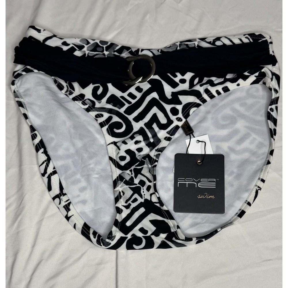Cover Me Swim Womens High Rise Belted Bikini Bottom Black White Tribal Print 10